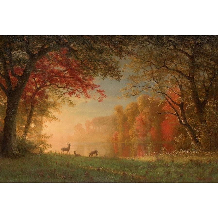 Indian Sunset Deer by a Lake Poster Print by Albert Bierstadt-VARPDX55942 Image 1