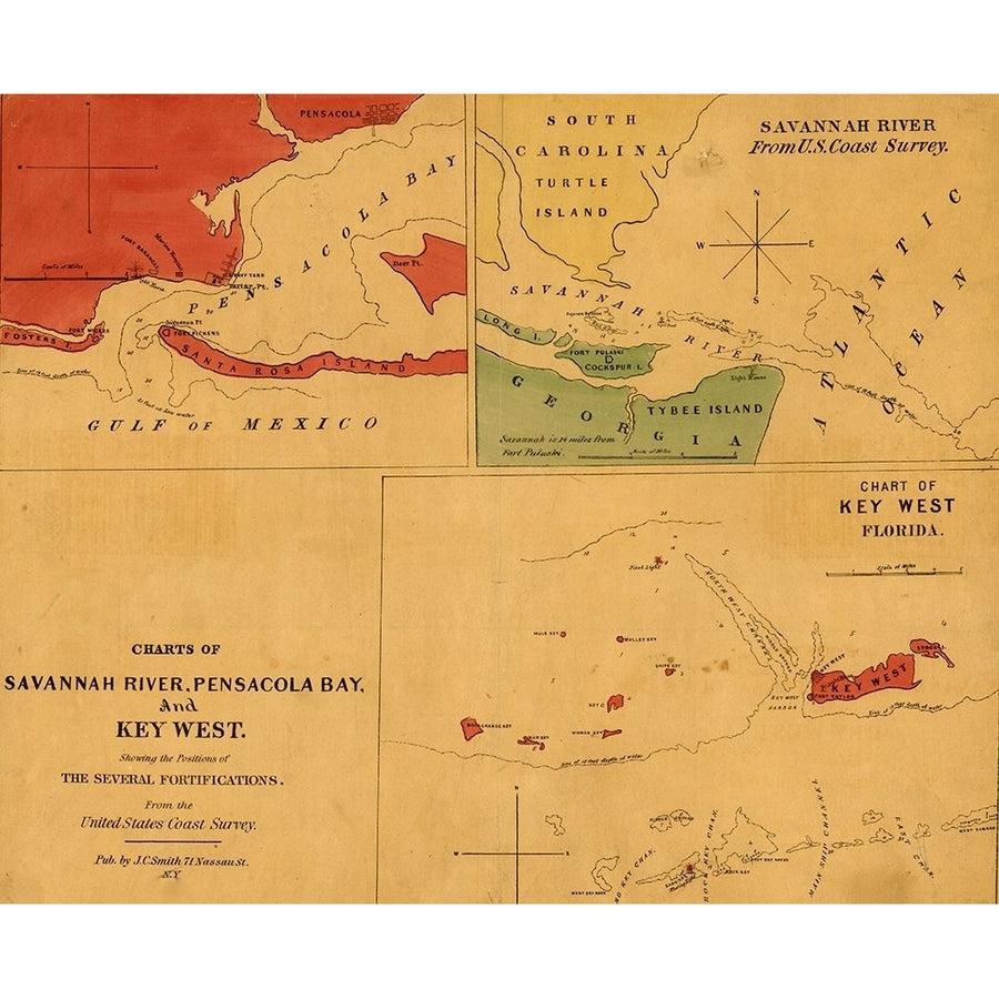 Charts of Savannah River Pensacola Bay and Key West Showing the positions of the several fortificati by Vintage Image 1