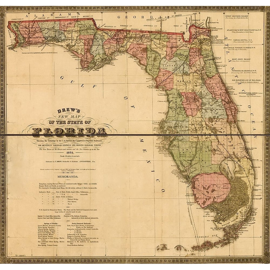 Florida Railway and Township Map 1874 by Vintage Maps-VARPDX62733 Image 1