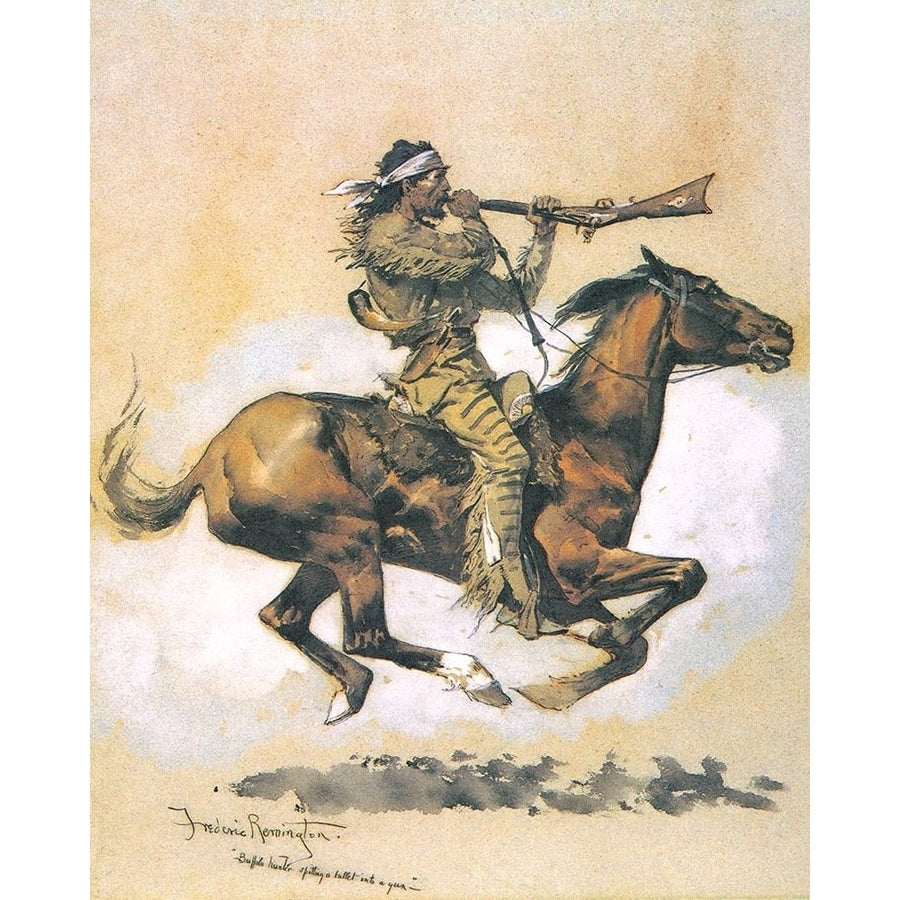 Buffalo Hunter Spitting A Bullet Into A Gun Poster Print - Frederic Remington-VARPDX66303 Image 1