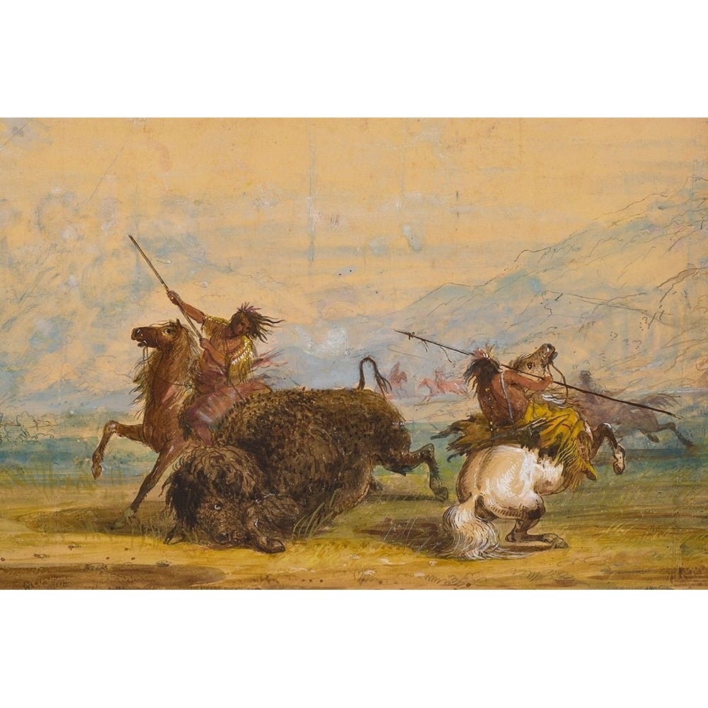 Crow Indians attacking a buffalo with the lance Poster Print - Alfred Jacob Miller-VARPDX69721 Image 1