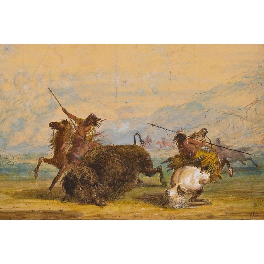 Crow Indians attacking a buffalo with the lance Poster Print - Alfred Jacob Miller-VARPDX69721 Image 1