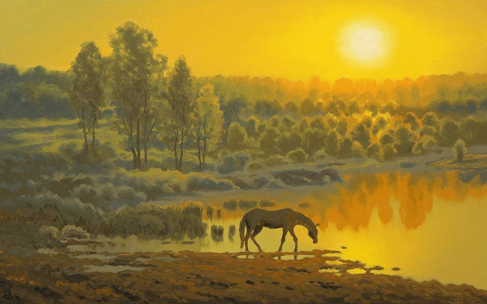 Horse early Morning by the Lake Poster Print - Alexey Adamov-VARPDX6ADAM058 Image 1