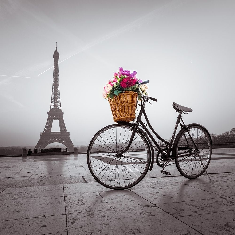 Bicycle with a basket of flowers next to the Eiffel tower Poster Print by Assaf Frank-VARPDXAF201203161105C13 Image 1