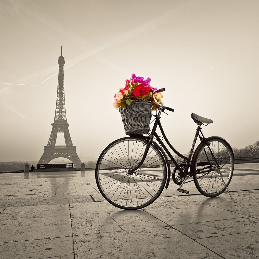 Bicycle with a basket of flowers next to the Eiffel tower Poster Print by Assaf Frank-VARPDXAF201203161105C01 Image 1