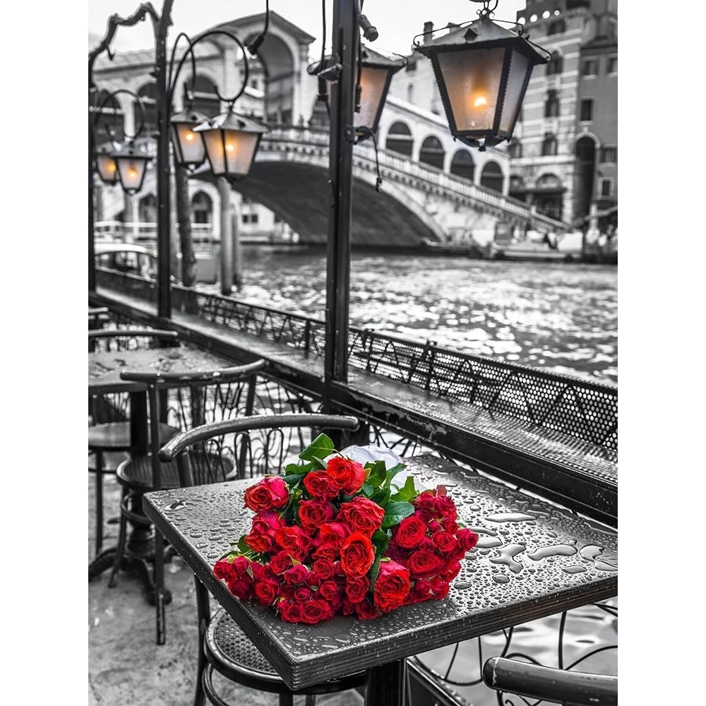 Bunch of red roses on street cafe table-Rialto Bridge-Venice-Italy by Assaf Frank-VARPDXAF20130409345C01 Image 1