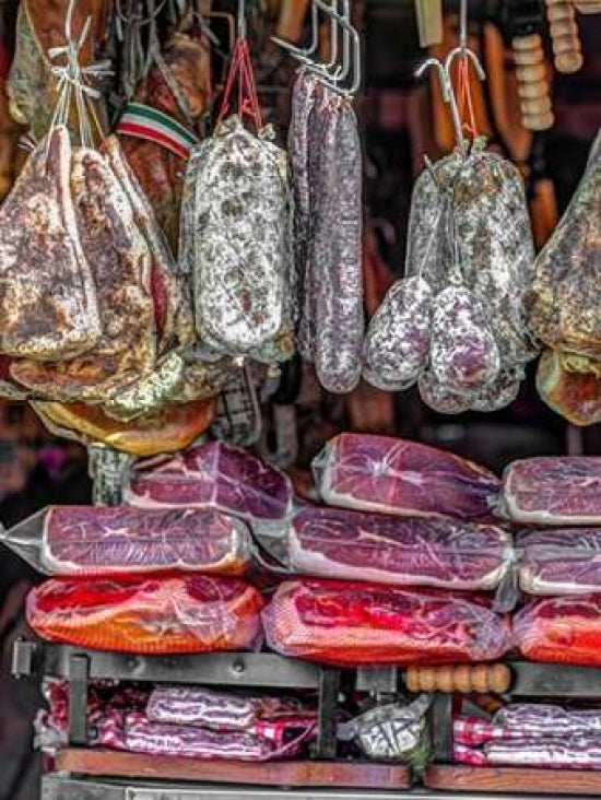 Various salami hanging in a window of an Italian Salami shop Rome Italy Poster Print by Assaf Image 2