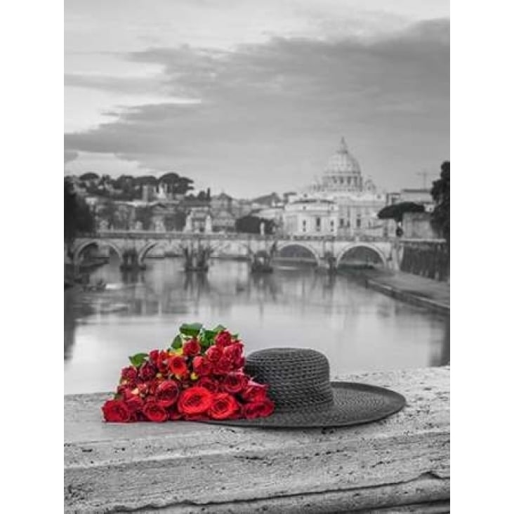 Hat and bunch of roses on bridge with Basilica di San Pietro in Vatican Rome Italy Print by Assaf Image 1