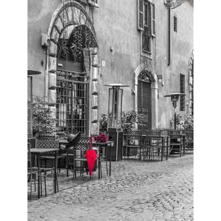 Red umbrella with female hat and bunch of roses on cafe table Rome Italy Poster Print by Assaf Image 1