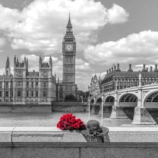 Bunch of Roses and hat on Thames promenade agaisnt Big Ben London UK Poster Print by Assaf Frank-VARPDXAF20150607304C01 Image 1