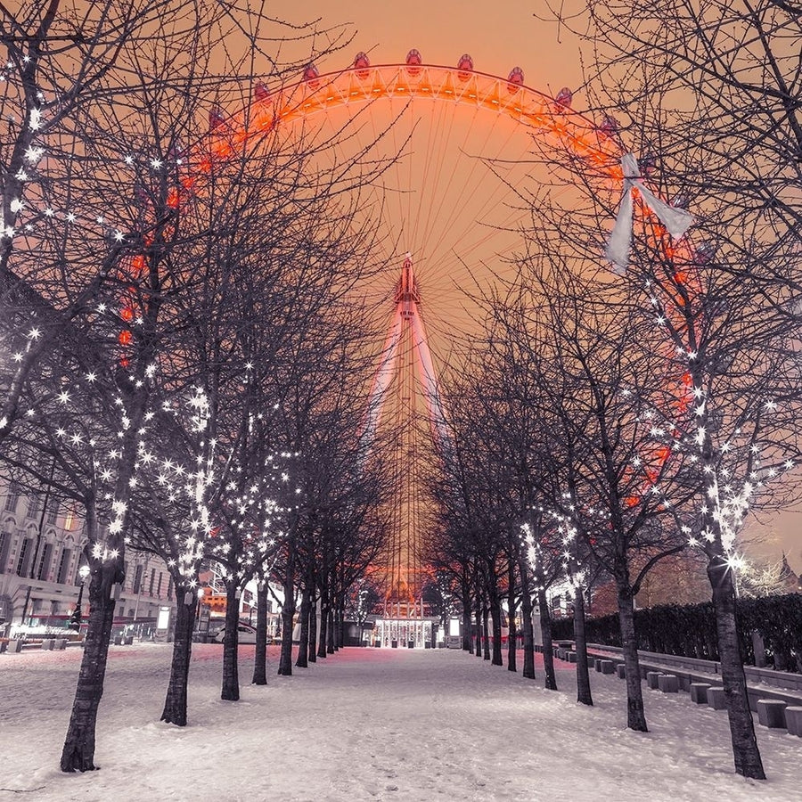 London Eye at night with trees in the foreground lit with lights and snow on the pathway-London-UK by Assaf Image 1