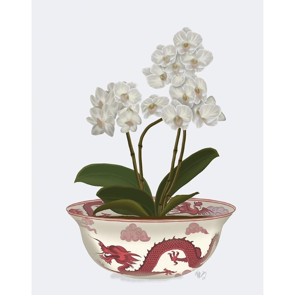 Chinoiserie Orchids White Dragon Bowl Red Poster Print - Funky Fab-VARPDXAP260526445 Image 1