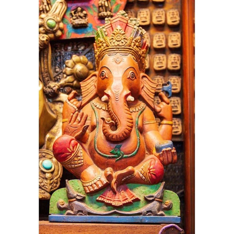 Thailand- Bangkok. Carved and painted wooden statue of Ganesha- or Phra Phikanet. Poster Print - Tom Image 1