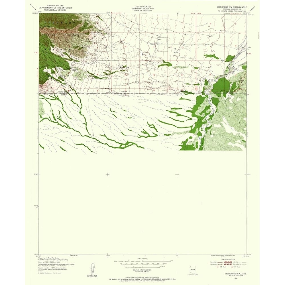 South West Hereford Arizona Quad - USGS 1952 Poster Print by USGS USGS-VARPDXAZHE0002 Image 1