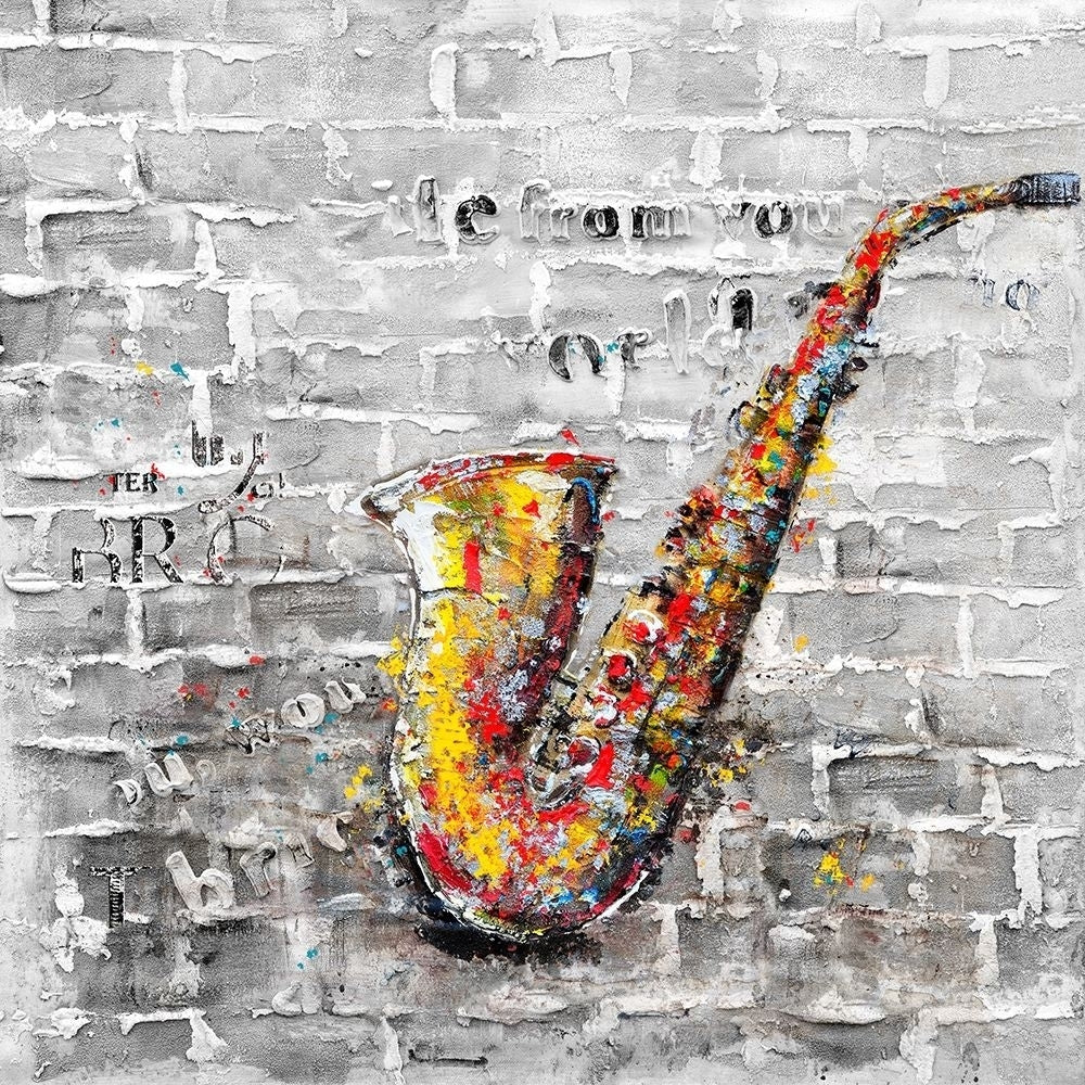 Graffiti of a saxophone on brick wall Poster Print by Atelier B Art Studio Atelier B Art Studio-VARPDXBEGMUS17 Image 1