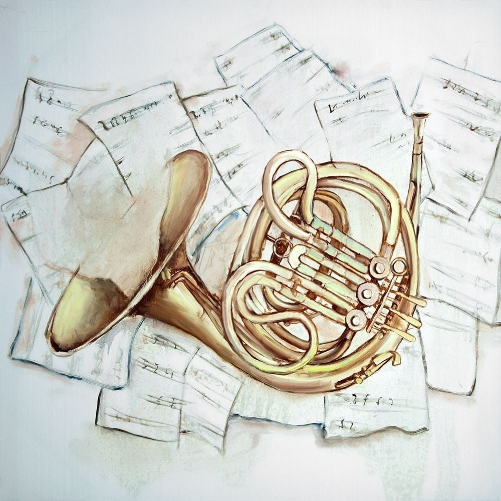 HORN ON MUSIC SHEET Poster Print by Atelier B Art Studio-VARPDXBEGMUS43 Image 1