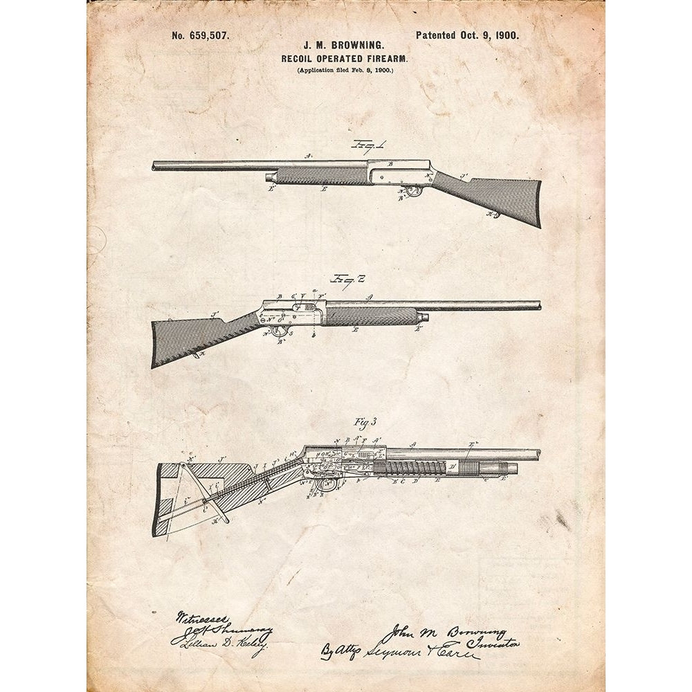 PP754-Vintage Parchment Browning Auto 5 Shotgun 1900 Patent Poster Poster Print - Cole Borders-VARPDXCOLBOR212389 Image 1