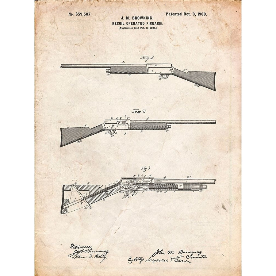 PP754-Vintage Parchment Browning Auto 5 Shotgun 1900 Patent Poster Poster Print - Cole Borders-VARPDXCOLBOR212389 Image 1