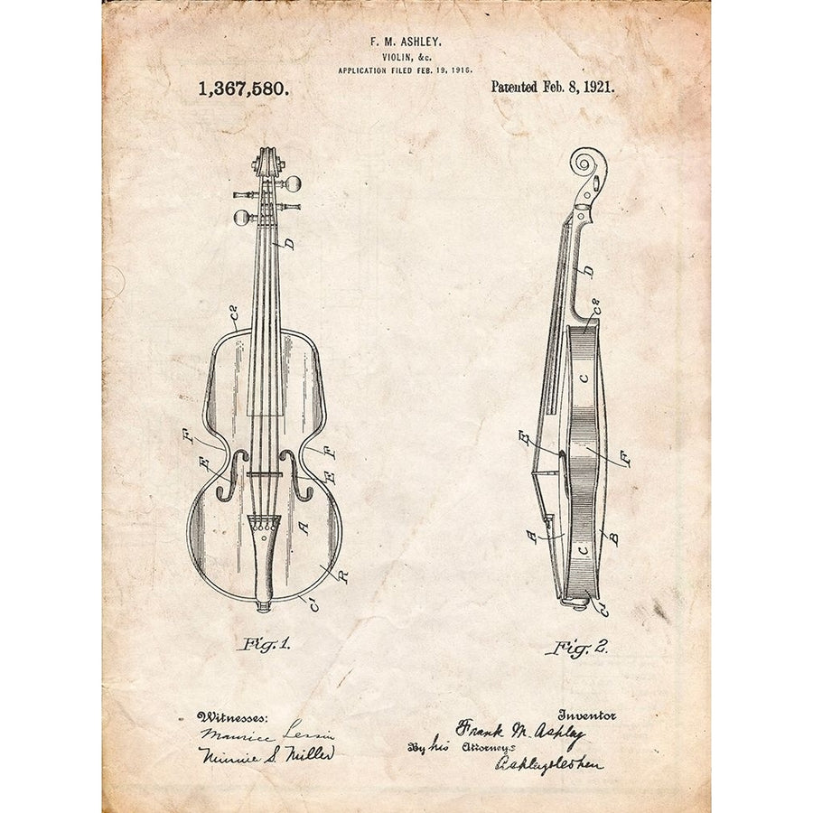 PP853-Vintage Parchment Frank M. Ashley Violin Patent Poster Poster Print - Cole Borders-VARPDXCOLBOR214219 Image 1