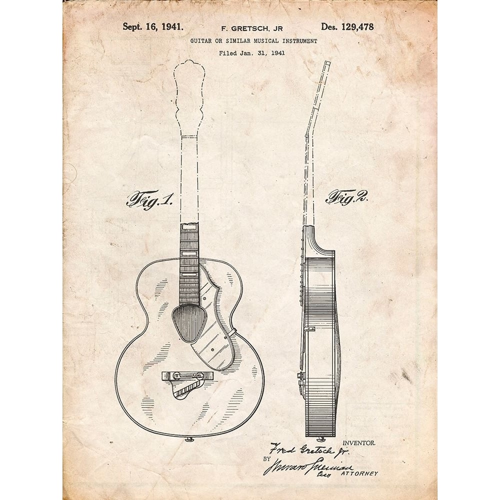 PP138- Vintage Parchment Gretsch 6022 Rancher Guitar Patent Poster Poster Print - Cole Borders-VARPDXCOLBOR219849 Image 1