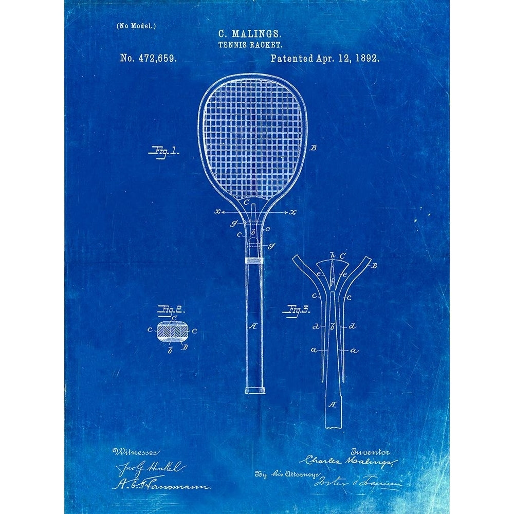 PP183- Faded Blueprint Tennis Racket 1892 Patent Poster Poster Print - Cole Borders-VARPDXCOLBOR220445 Image 1