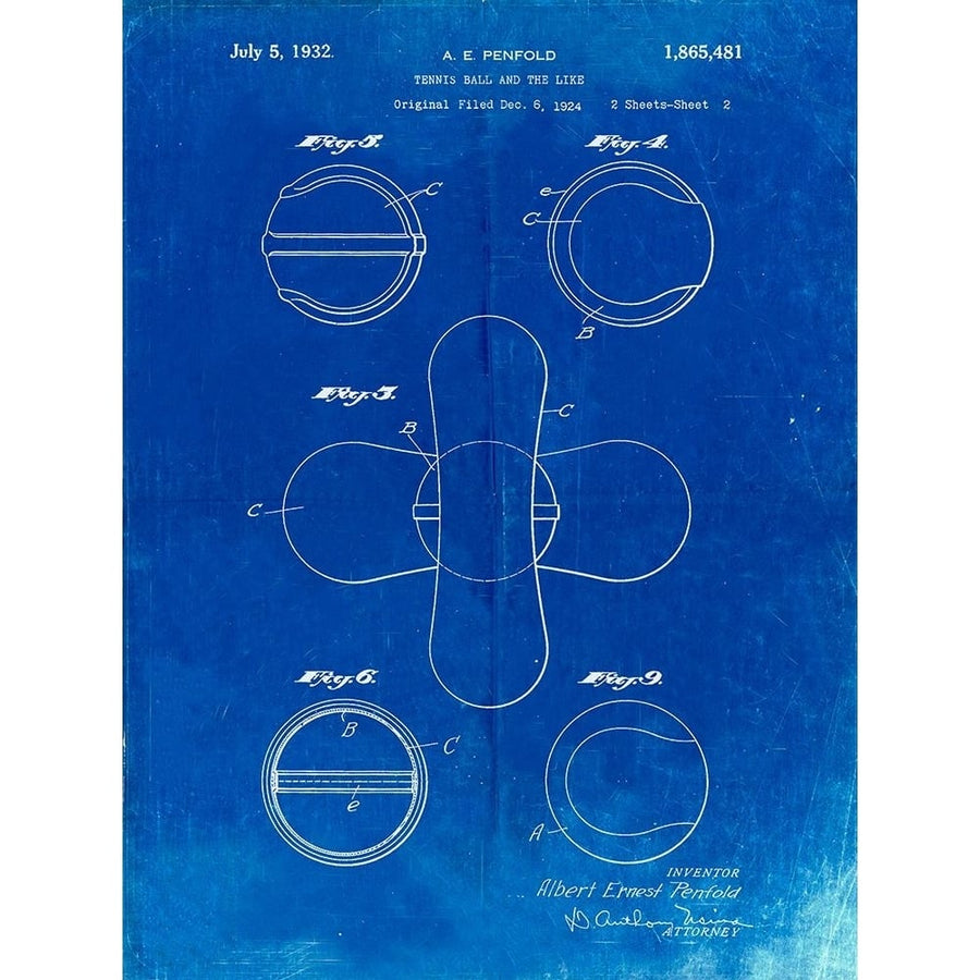 PP182- Faded Blueprint Tennis Ball 1932 Patent Poster Poster Print - Cole Borders-VARPDXCOLBOR220351 Image 1