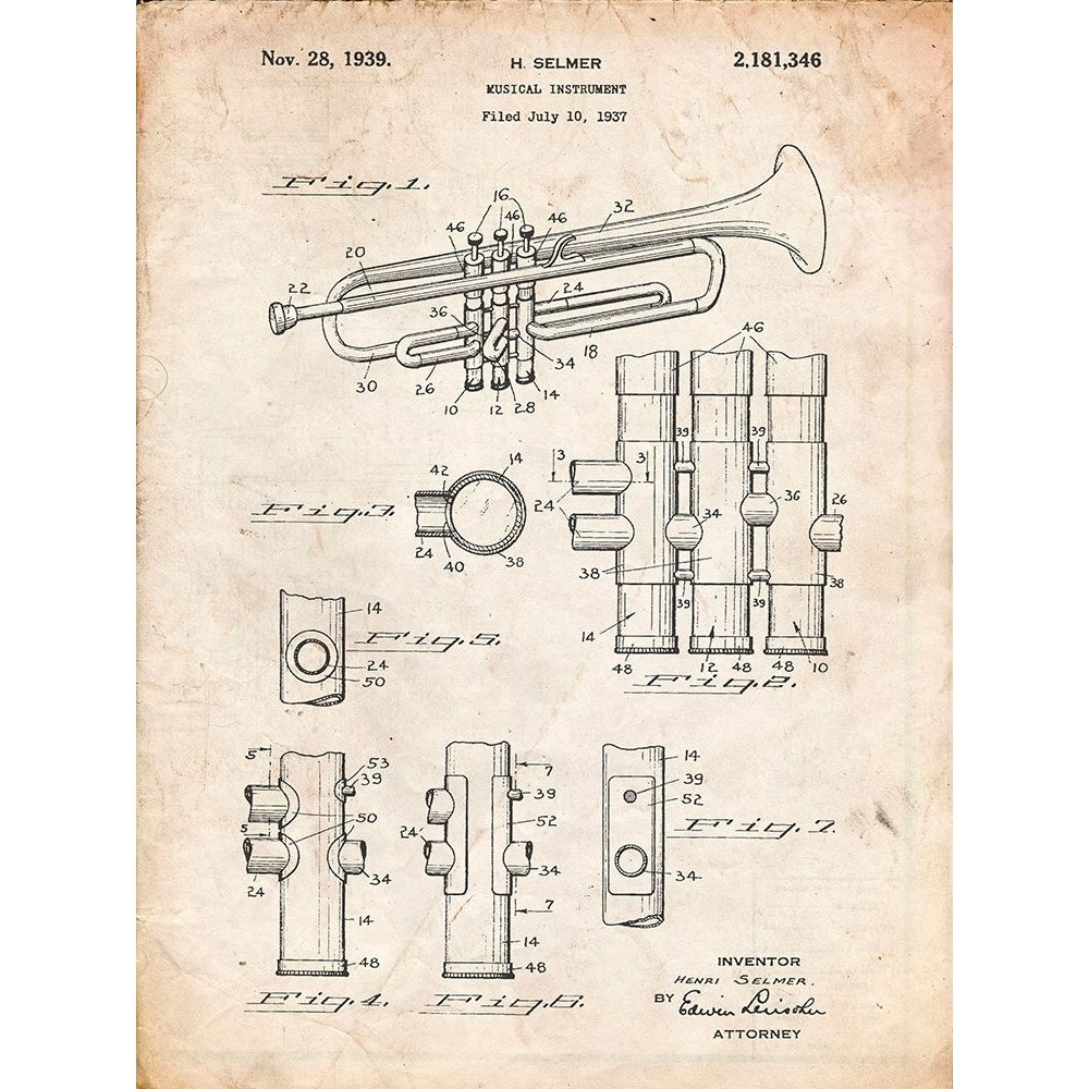 PP141- Vintage Parchment Selmer 1939 Trumpet Patent Poster Poster Print - Cole Borders-VARPDXCOLBOR219882 Image 1