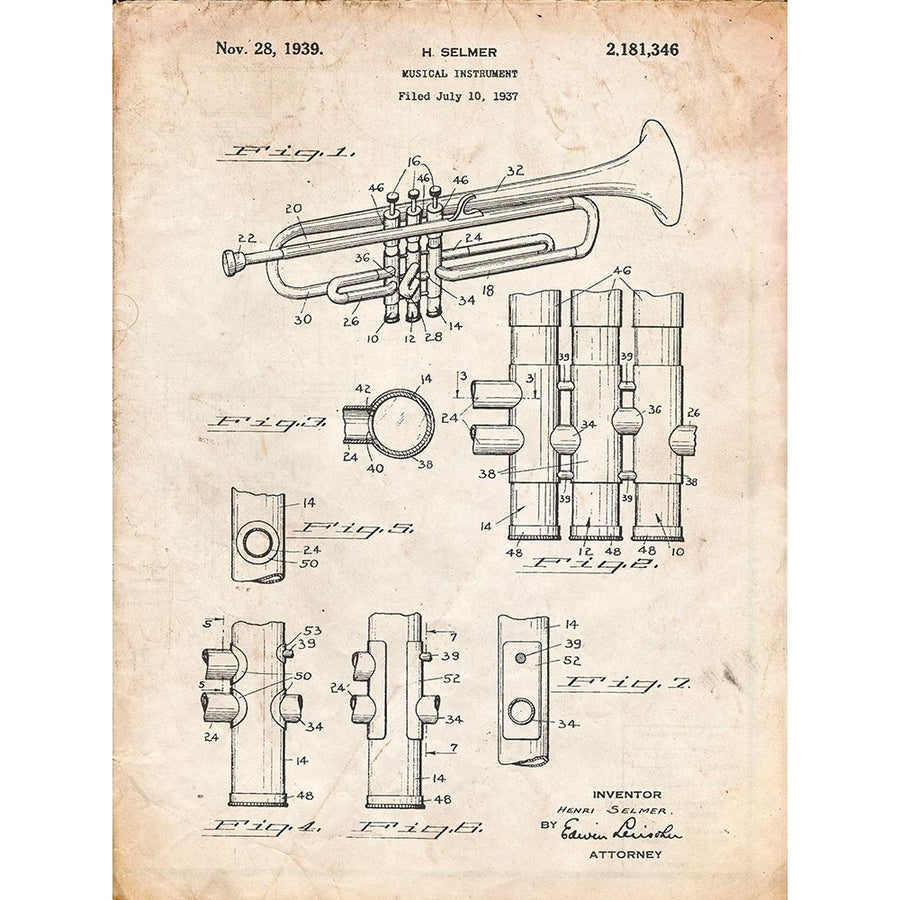 PP141- Vintage Parchment Selmer 1939 Trumpet Patent Poster Poster Print - Cole Borders-VARPDXCOLBOR219882 Image 1