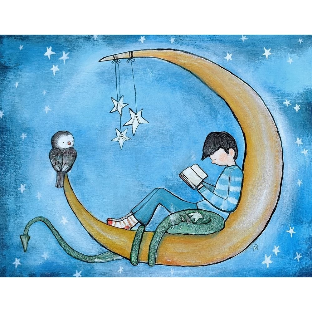 Boy Reading On Moon Poster Print - Andrea Doss-VARPDXD2118D Image 1