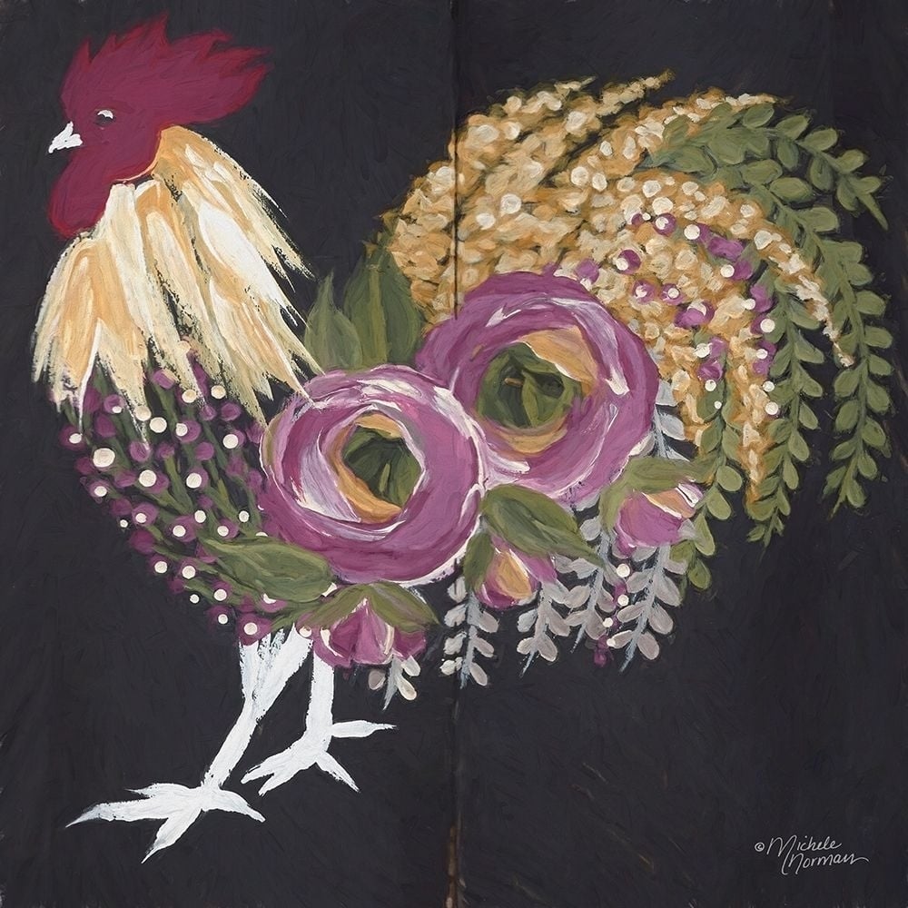 Floral Rooster on Black Poster Print by Michele Norman-VARPDXMN161 Image 1