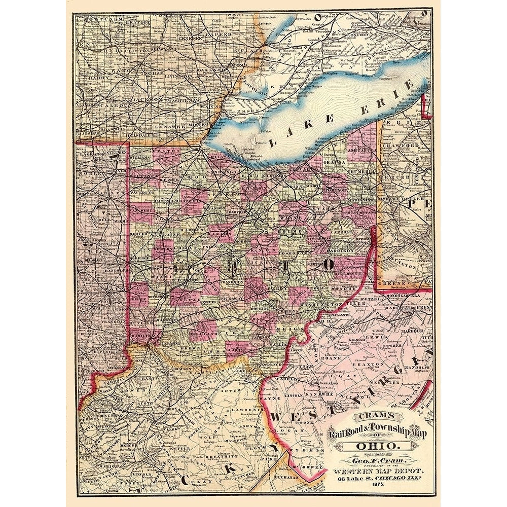 Ohio Railroads and Townships - Cram 1875 Poster Print by Cram Cram-VARPDXOHZZ0007 Image 1