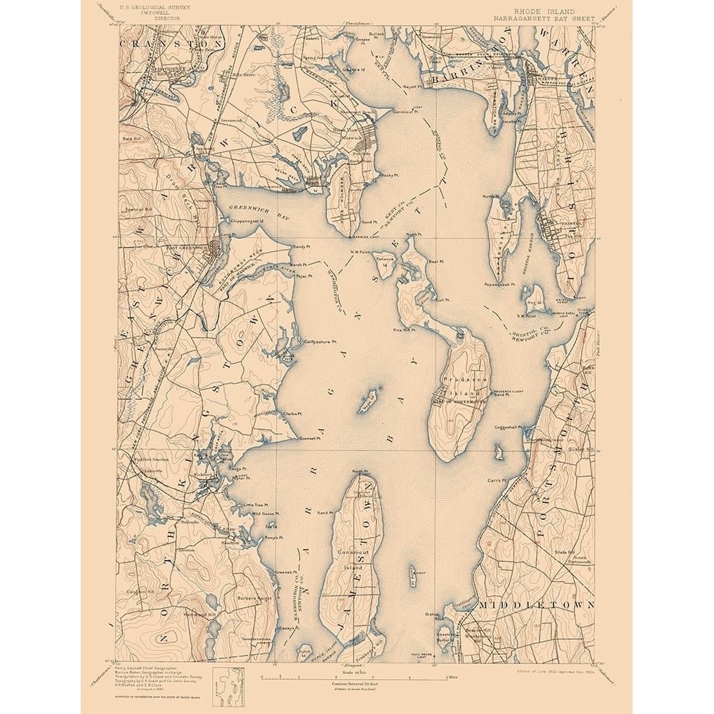 Narragansett Bay Rhode Island Sheet - USGS 1892 Poster Print by USGS USGS-VARPDXRINB0001 Image 1