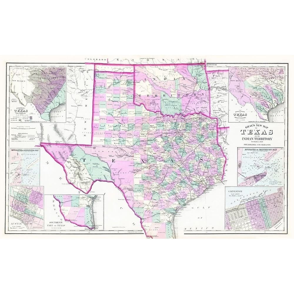 Texas and Oklahoma Indian Territory - Gray 1876 Poster Print by Gray Gray-VARPDXTXZZ0051 Image 1