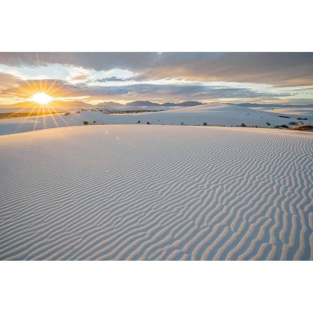 USA- Mexico- White Sands National Monument. Sunset on white sand dunes and clouds. Poster Print - Gallery Image 1