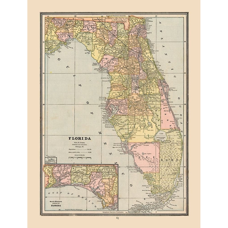 Florida United States - Cram 1888 Poster Print by Cram Cram-VARPDXUSFL0001 Image 1