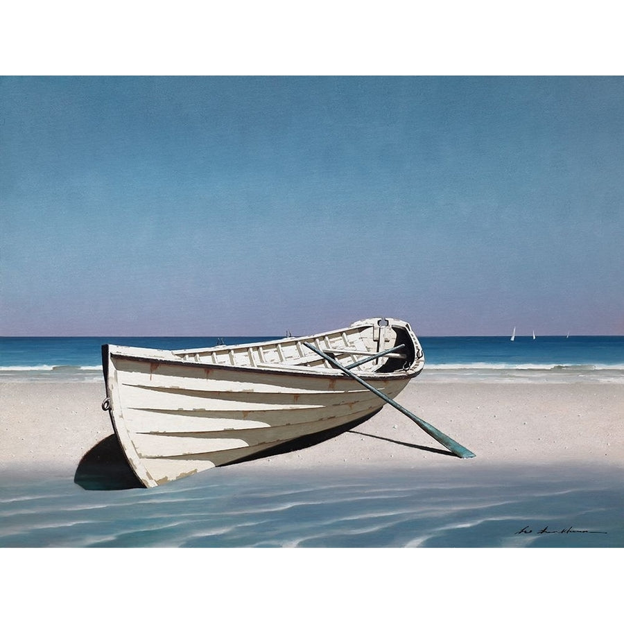 White Boat On Beach Poster Print - Zhen-Huan Lu-VARPDXZHELU145819 Image 1