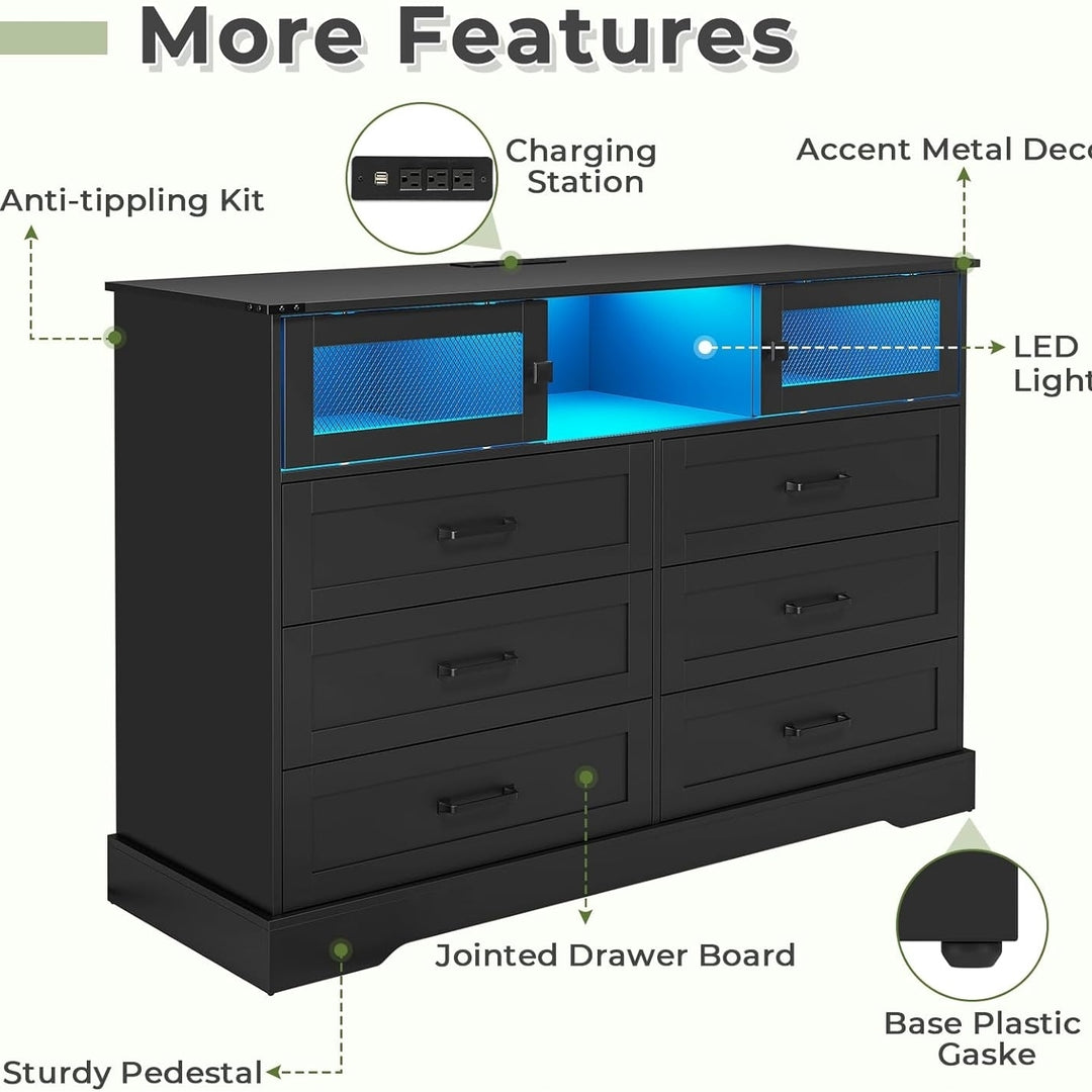 Hasuit 6 Drawers Dresser with LED Lights and Charging Station, Farmhouse Chest of Drawers Closet Organizer, Clothes Image 4