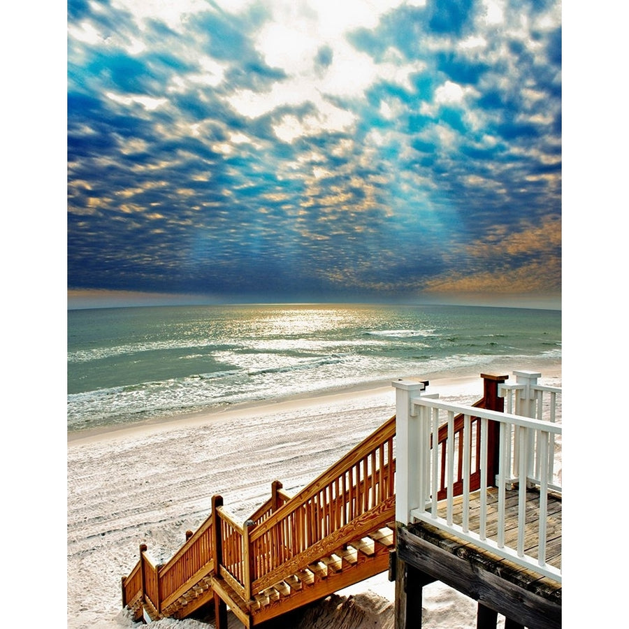 Beach Staircase Blue Sun Rays Glistening Sea Poster Print - Eszra Tanner-VARPDXET0008 Image 1