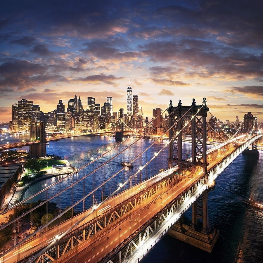 Sunset over Brooklyn and Manhattan Bridges Poster Print by Ilja Masik-VARPDXFAF1387 Image 1