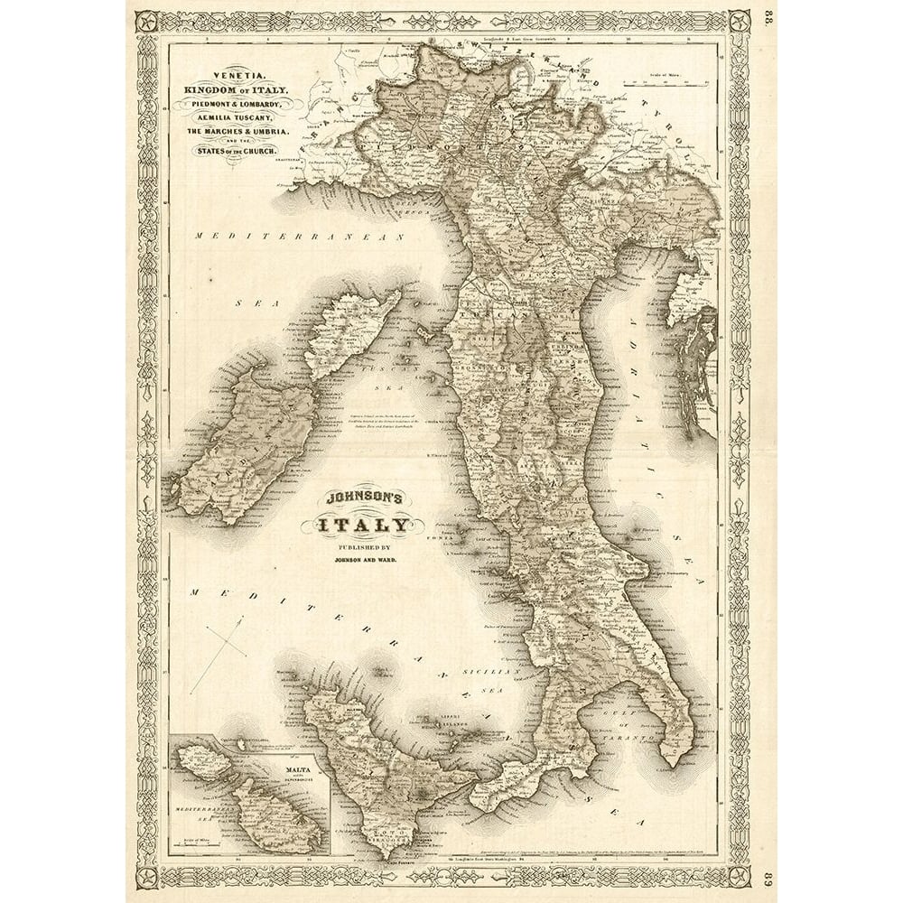 1866 Johnson Map of Italy Antiqued Poster Print by Johnson Johnson-VARPDXFAS2062 Image 1