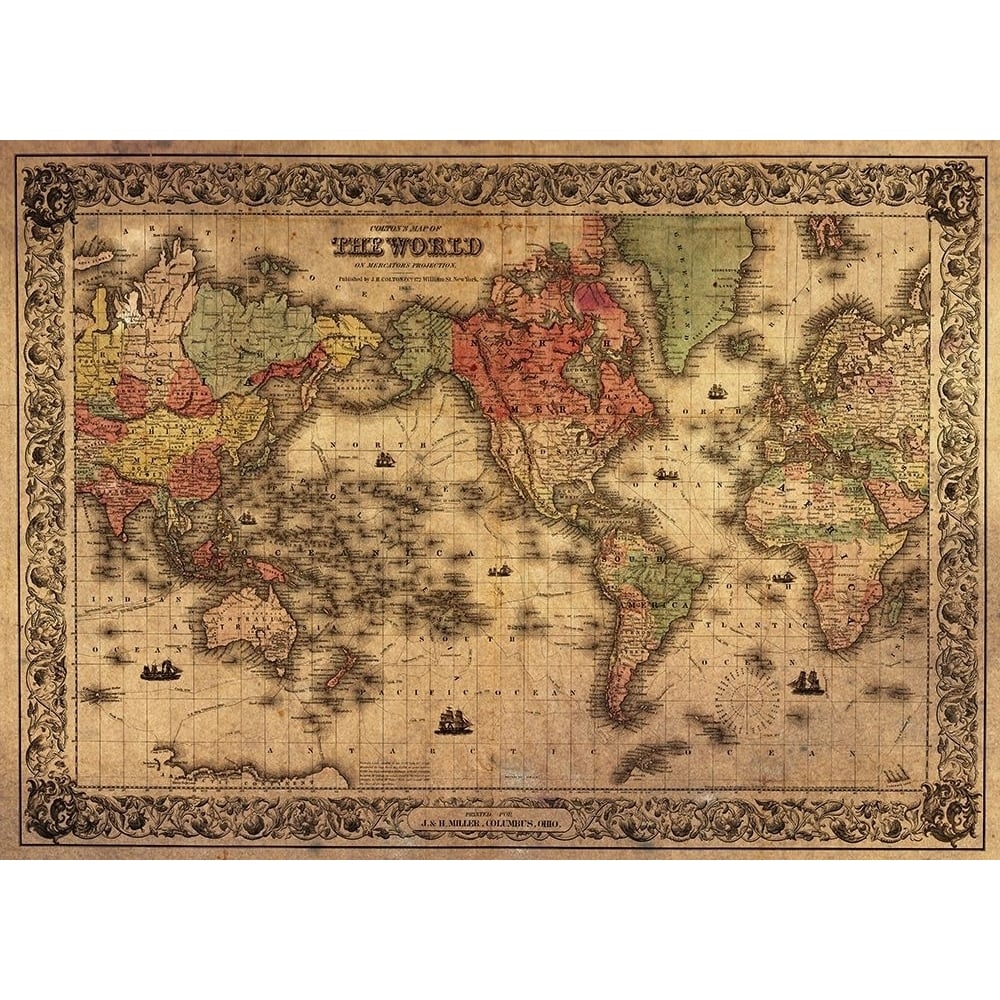 1852 Coltons Vintage Map of the World Antiqued Poster Print by Colton Colton-VARPDXFAS2040 Image 1