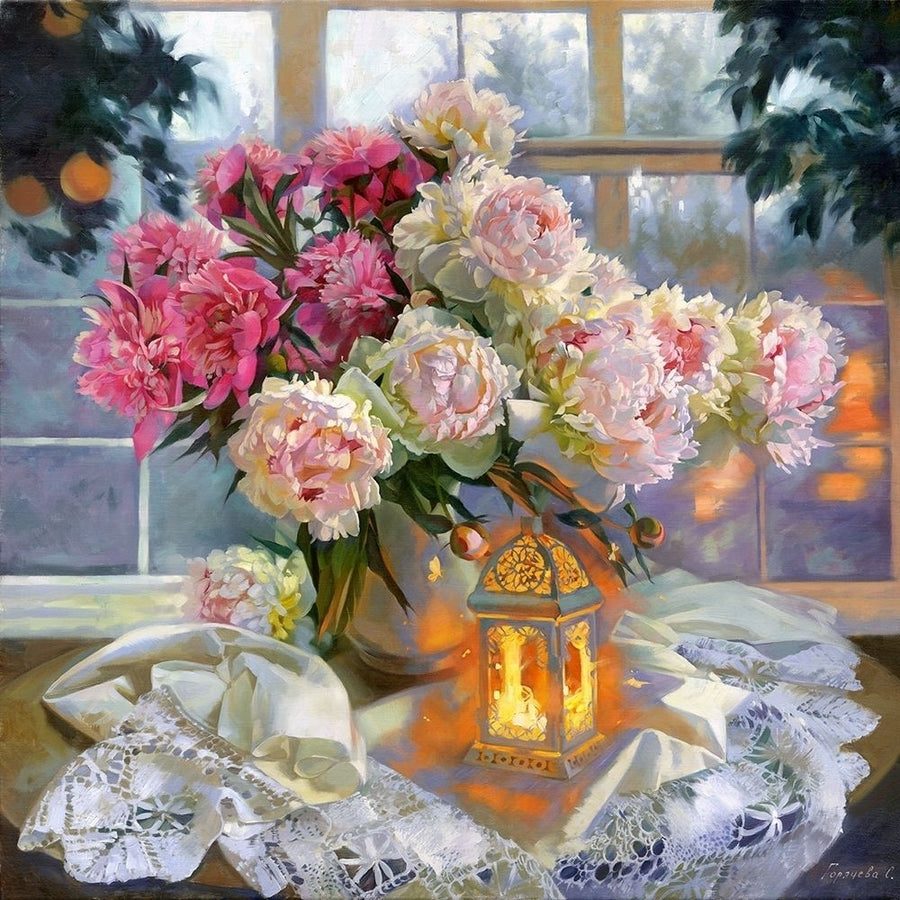 Peonies and lantern Poster Print by Svetlana Goryacheva-VARPDXGS9 Image 1