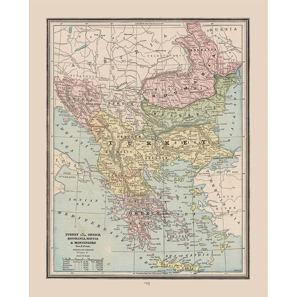 Turkey Greece Romania Serbia - Cram 1888 Poster Print by Cram Cram-VARPDXITBA0025 Image 1