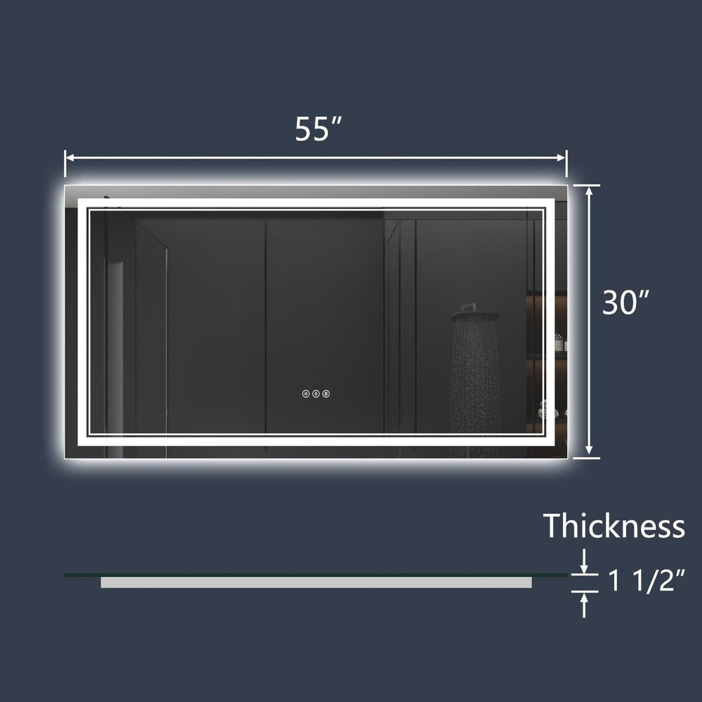 Linea 55" W x 30" H LED Heated Bathroom Mirror,Anti Fog,Dimmable,Front-Lighted and Backlit, Tempered Glass Image 2