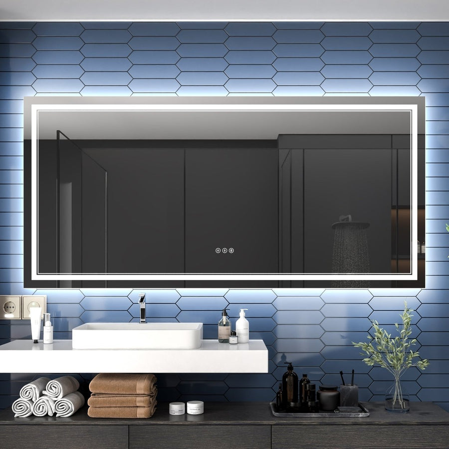 Linea 84" W x 40" H LED Heated Bathroom Mirror,Anti Fog,Dimmable,Front-Lighted and Backlit, Tempered Glass Image 1
