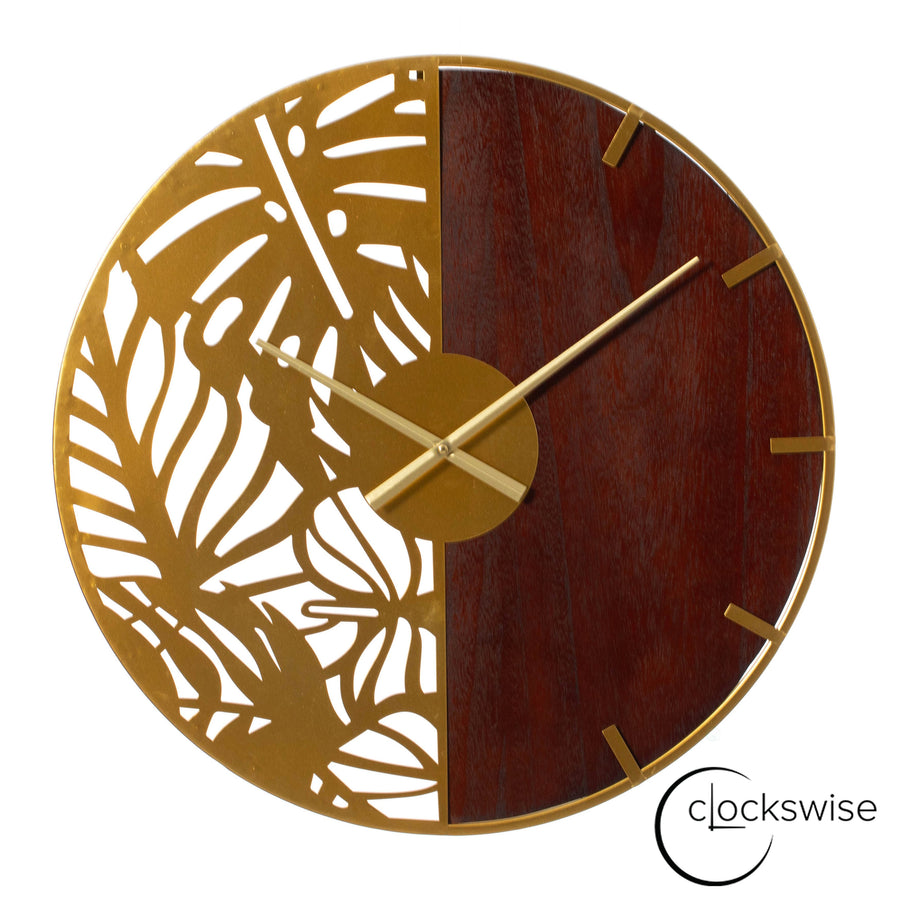 23.6 Modern Round Big Wall Clock, Decorative brown wood and gold Metal with Leaf Cutout Oversize Timepiece for Entryway Image 1