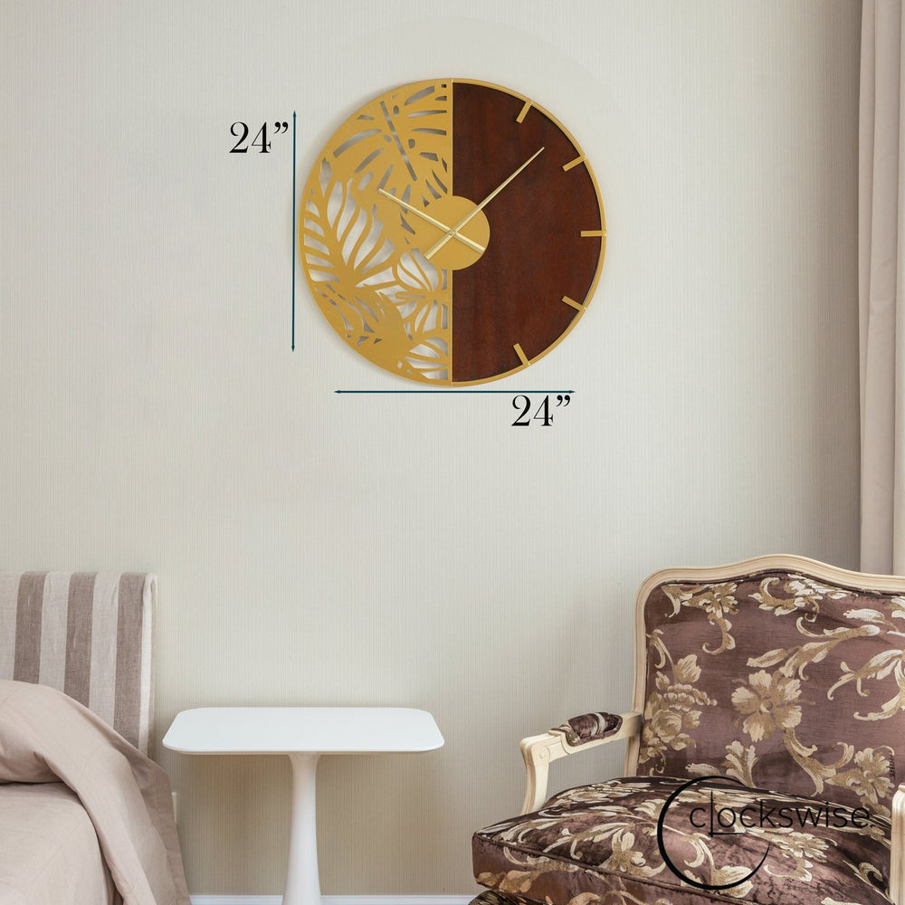 23.6 Modern Round Big Wall Clock, Decorative brown wood and gold Metal with Leaf Cutout Oversize Timepiece for Entryway Image 2