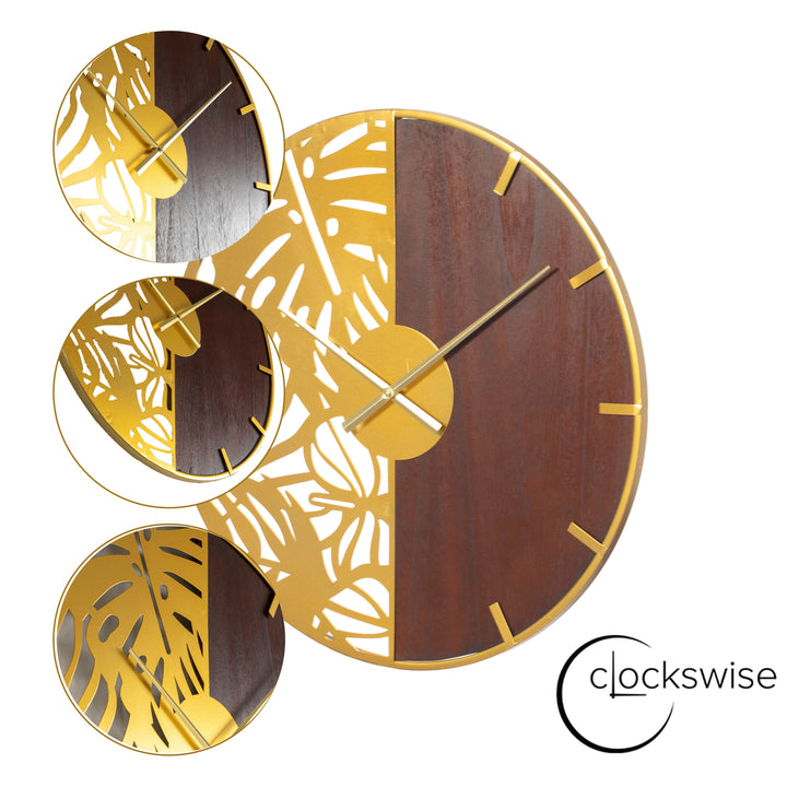 23.6 Modern Round Big Wall Clock, Decorative brown wood and gold Metal with Leaf Cutout Oversize Timepiece for Entryway Image 5