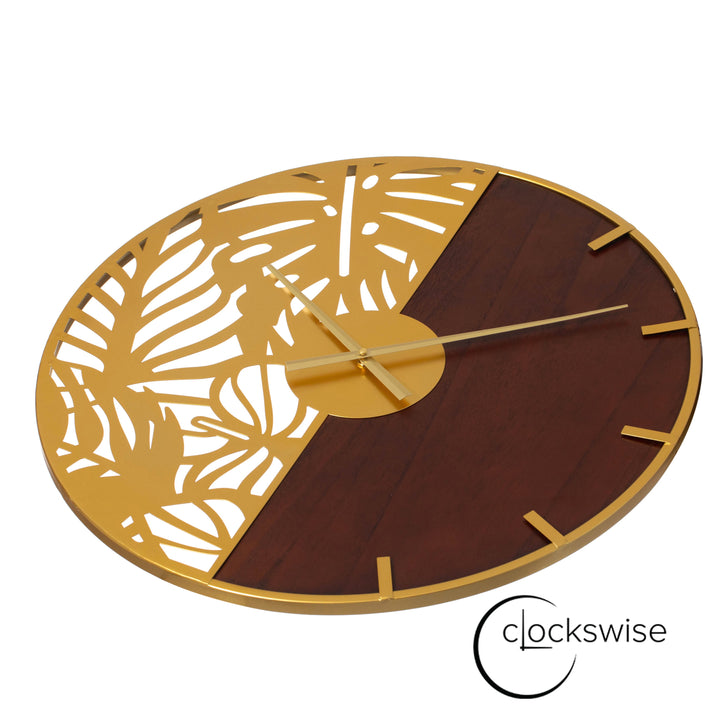 23.6 Modern Round Big Wall Clock, Decorative brown wood and gold Metal with Leaf Cutout Oversize Timepiece for Entryway Image 7