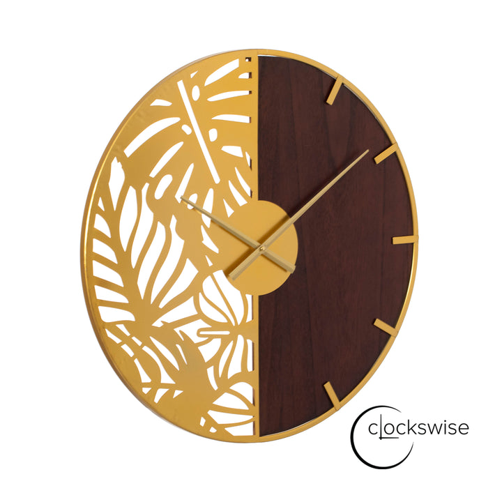 23.6 Modern Round Big Wall Clock, Decorative brown wood and gold Metal with Leaf Cutout Oversize Timepiece for Entryway Image 8